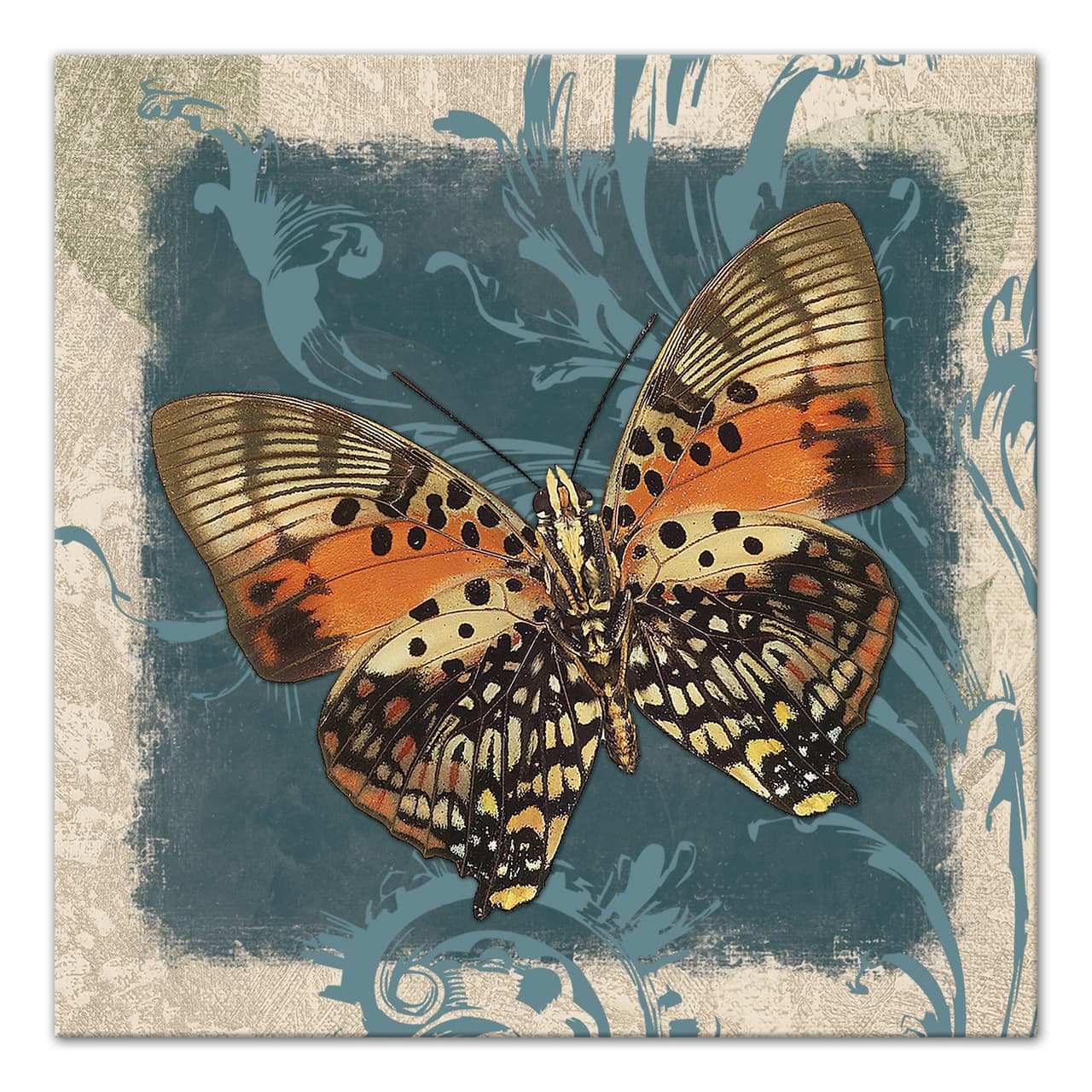 Blue Swirls And Orange Butterfly 20" x 20" Canvas Wall Art